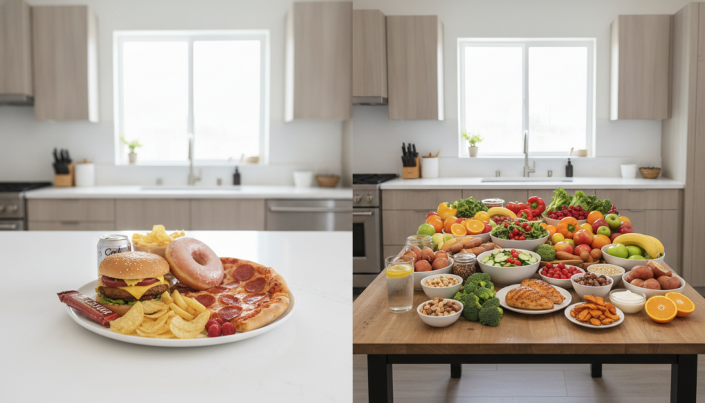 A split image showing two contrasting scenarios for 2800 calories On one side a small amount of highly processed foods e