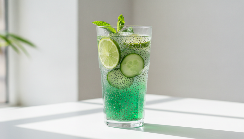 A vibrant refreshing glass of cucumber lime chia detox drink with visible chia seeds slices of cucumber and lime wedges 