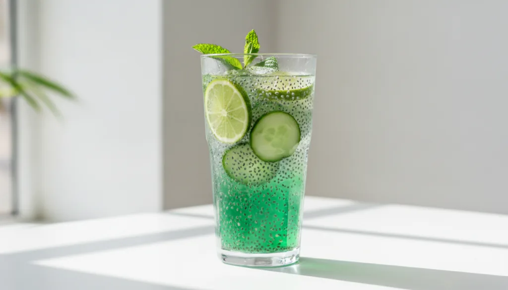 A vibrant refreshing glass of cucumber lime chia detox drink with visible chia seeds slices of cucumber and lime wedges 