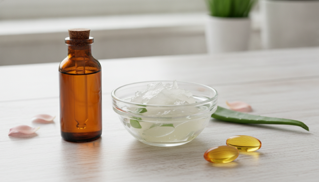 Three natural ingredients for a DIY skincare blend a bottle of rosehip oil a small bowl of aloe vera gel and a vitamin E