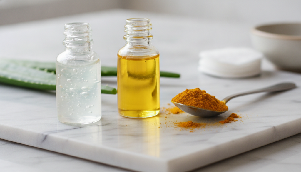 Close-up of aloe vera gel and jojoba oil in small bottles with a tiny spoon of turmeric powder next to them on a clean l