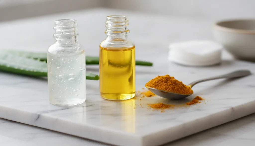 Close-up of aloe vera gel and jojoba oil in small bottles with a tiny spoon of turmeric powder next to them on a clean l