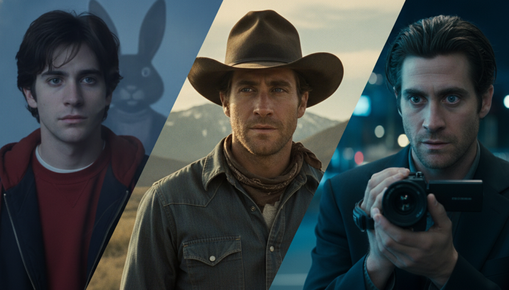 A collage of Jake Gyllenhaal s iconic movie roles showcasing his versatility perhaps including stills from Donnie Darko 
