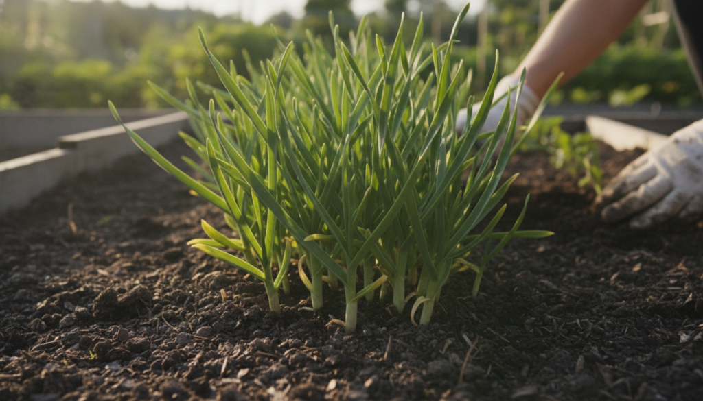 A close-up shot of young garlic plants growing vigorously in rich dark soil with a gardener s hand gently tending to the