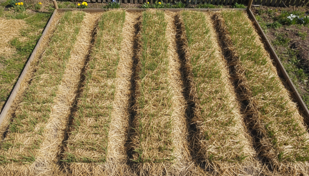 A neatly planted garden bed with rows of young garlic shoots emerging through a layer of straw mulch with clear spacing