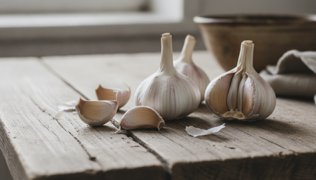 A handful of healthy plump garlic cloves separated from a bulb ready for planting on a rustic wooden surface