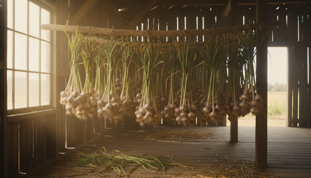 Bundles of freshly harvested garlic bulbs stems and leaves still attached hanging upside down in a rustic well-ventilate