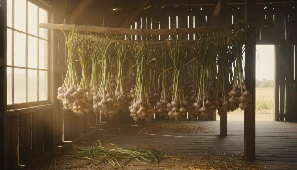 Bundles of freshly harvested garlic bulbs stems and leaves still attached hanging upside down in a rustic well-ventilate