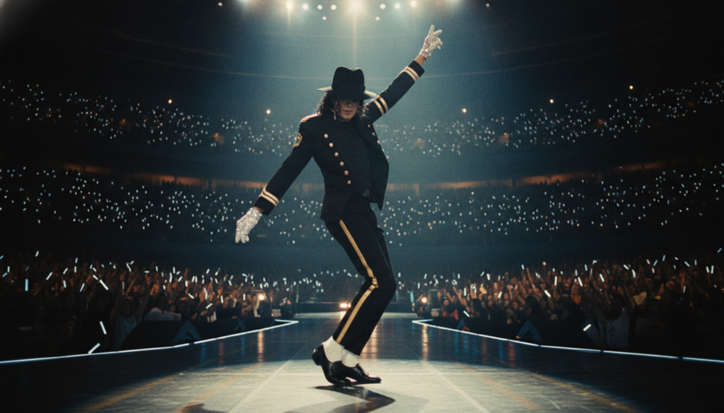 Michael Jackson performing on stage wearing a black fedora and a single sparkling white glove mid-dance move