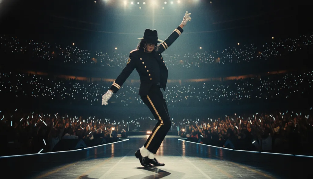 Michael Jackson performing on stage wearing a black fedora and a single sparkling white glove mid-dance move
