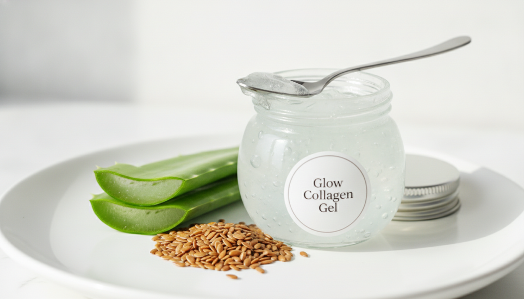 A small glass jar of clear thick Glow Collagen Gel with a spoon next to a fresh aloe vera leaf and a small pile of flaxs