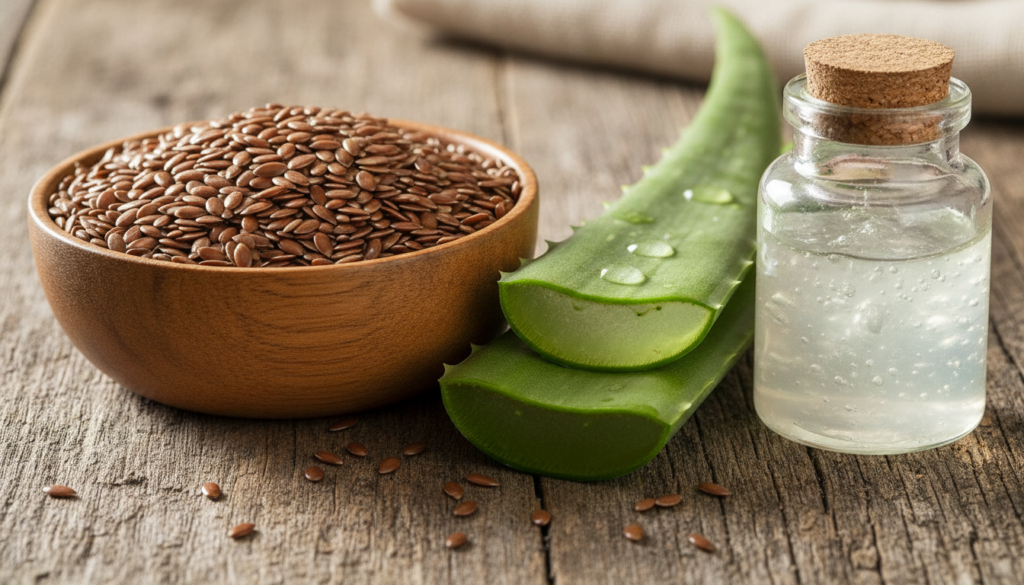 Ingredients for homemade flaxseed and aloe vera gel whole flaxseeds fresh aloe vera leaf or pure aloe vera gel and a sma