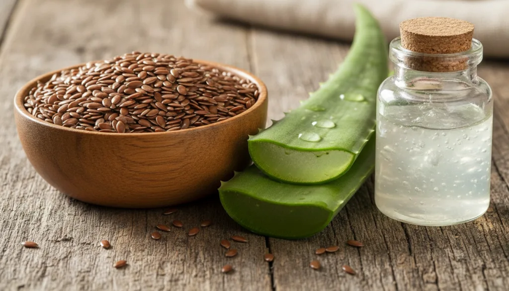 Ingredients for homemade flaxseed and aloe vera gel whole flaxseeds fresh aloe vera leaf or pure aloe vera gel and a sma