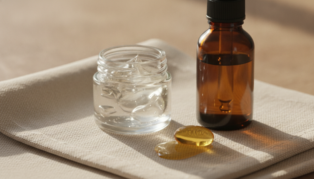 A small clear jar of Vaseline next to a bottle of Vitamin E oil with a single open capsule all on a soft clean cloth bac