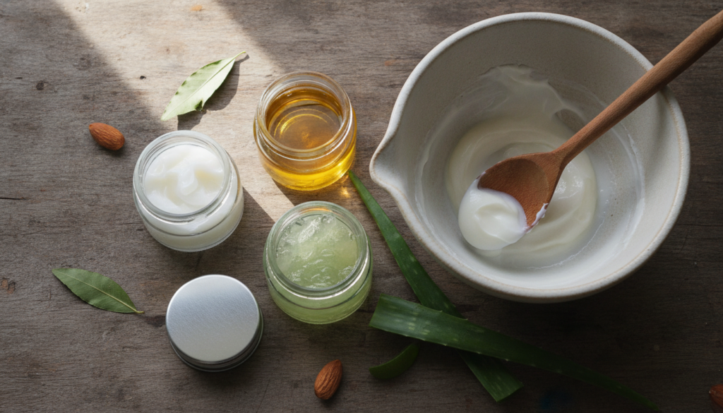 A still life image showing small containers of Vaseline a natural oil like almond or jojoba and aloe vera gel with a sma
