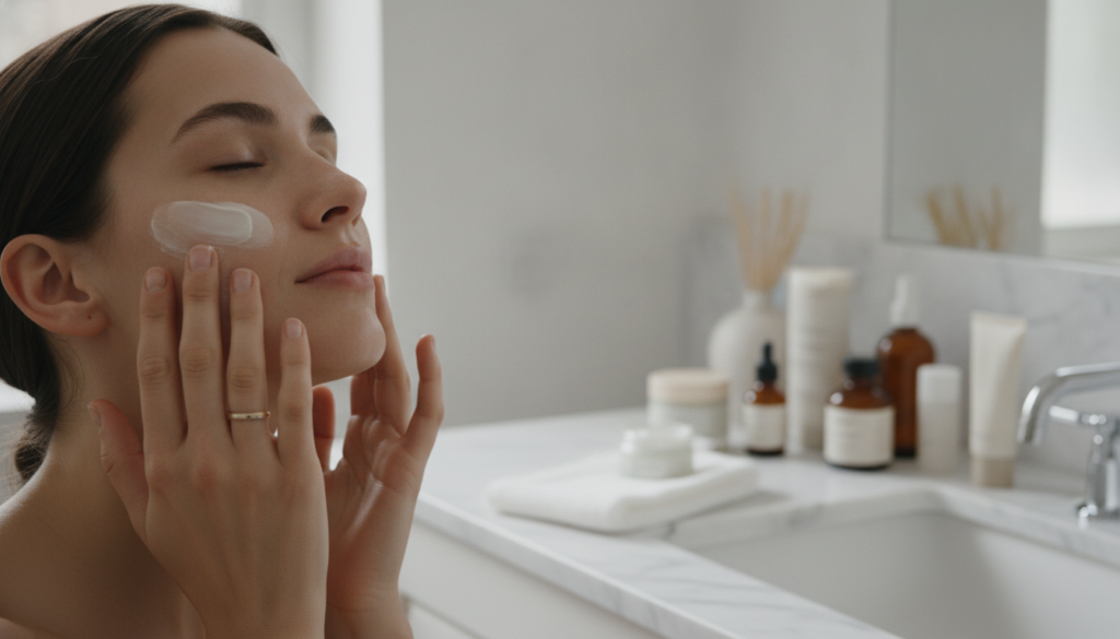 A serene bathroom scene with a person applying a cream to their face as part of a nighttime skincare routine Soft lighti