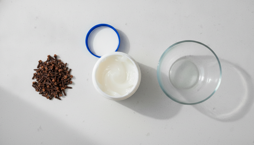 Ingredients for clove-infused Vaseline showing a jar of Vaseline a small pile of whole cloves and a small heat-safe bowl
