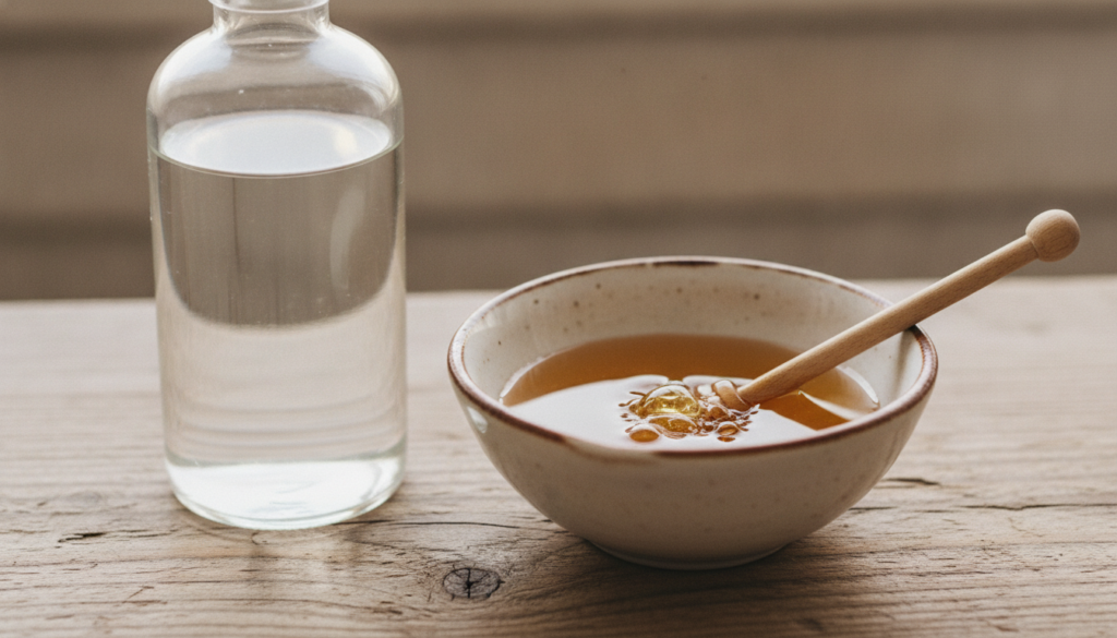 A close-up of a glass bottle of baby oil next to a small bowl of natural ingredients like honey or a lemon slice on a ru