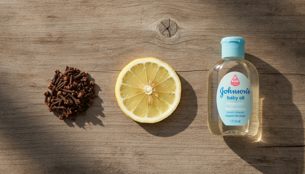 Ingredients for Lemon Glow Oil a sliced lemon whole cloves and a bottle of Johnson s baby oil arranged on a rustic woode