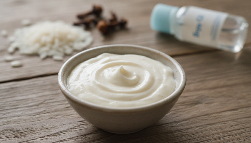 A close-up of a small bowl containing a creamy light-colored DIY face mask made from rice cloves and baby oil with raw i