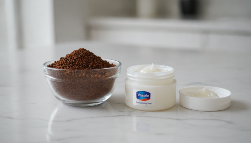 A small bowl with instant coffee grounds and a separate small container of Vaseline suggesting ingredients for a DIY bea