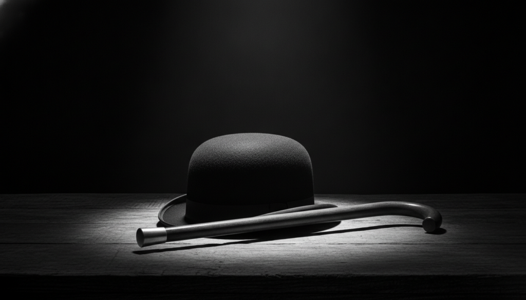 A high-contrast vintage monochrome square shot showcasing a classic black bowler hat resting beside a curved wooden cane