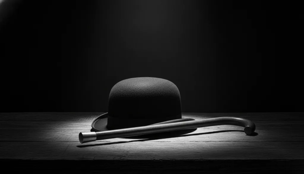 A high-contrast vintage monochrome square shot showcasing a classic black bowler hat resting beside a curved wooden cane