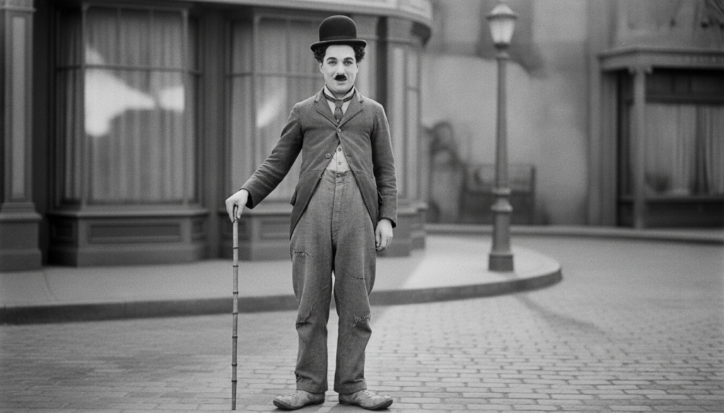 A black and white image of Charlie Chaplin in his Little Tramp persona holding his cane and wearing a bowler hat smiling