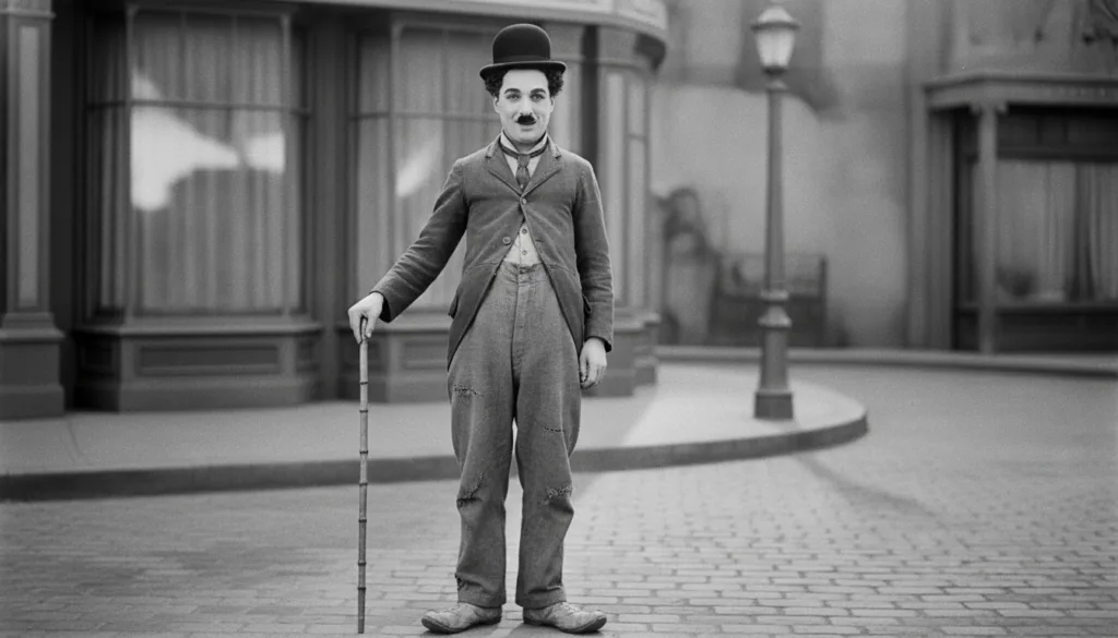 A black and white image of Charlie Chaplin in his Little Tramp persona holding his cane and wearing a bowler hat smiling