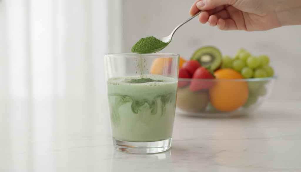 A hand stirring a green powder into a glass of water or a smoothie with a spoon The drink is in a clear glass on a kitch