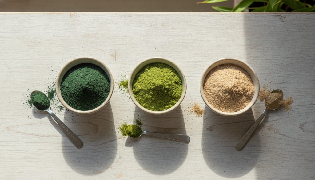 Three separate small bowls containing green spirulina powder green moringa powder and light brown amla powder with measu