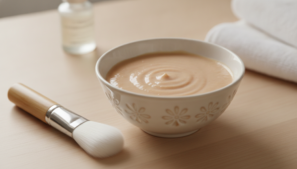 A smooth light-colored tomato face mask in a small ceramic bowl with a clean application brush next to it set against a 
