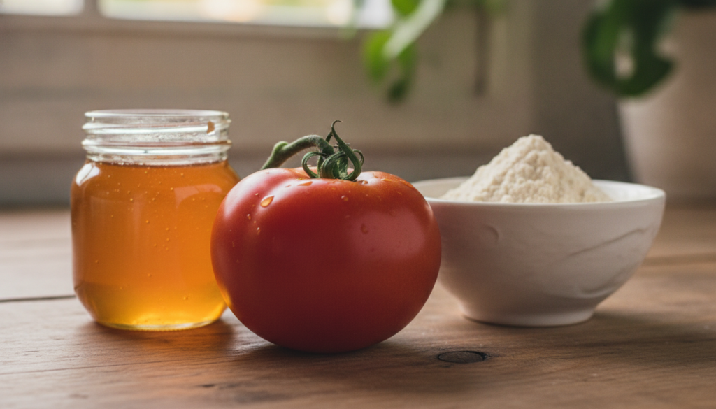 Close-up shot of a ripe red tomato a small jar of honey and a bowl of gram flour on a wooden surface ready for a DIY bea