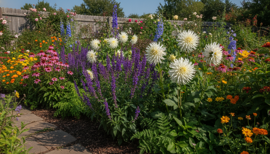 A vibrant garden bed filled with purple salvias and white dahlias with other assorted perennial flowers in pink and whit