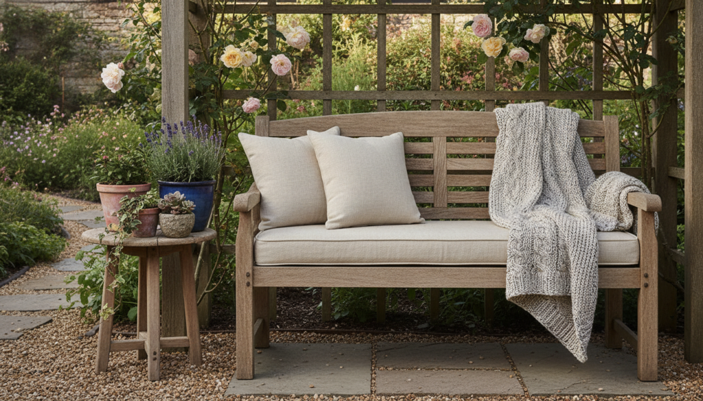 A cozy wooden bench with a cream cushion and knitted throw blanket placed under a blooming garden arbor next to a small 