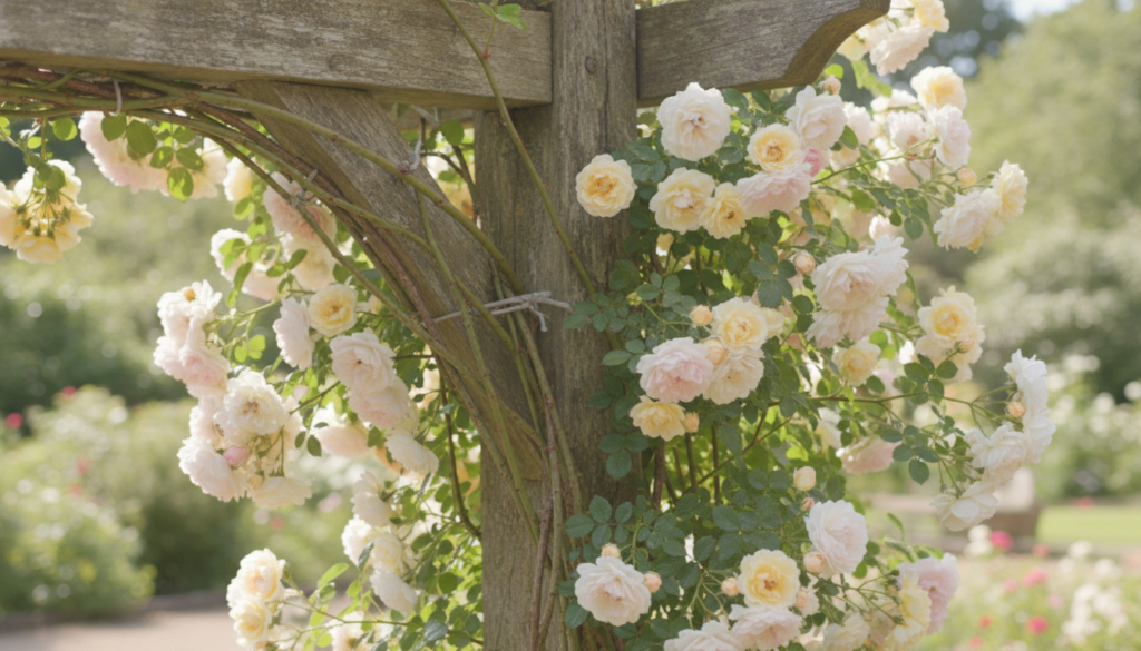 Close-up of a climbing rose with light pink cream and pale yellow blooms showing its long flexible canes being gently ti