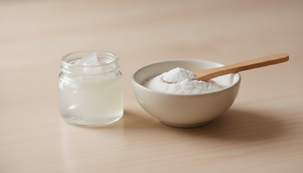 A visual representation of Vaseline and baking soda possibly with a spatula or mixing bowl conveying a DIY beauty hack t