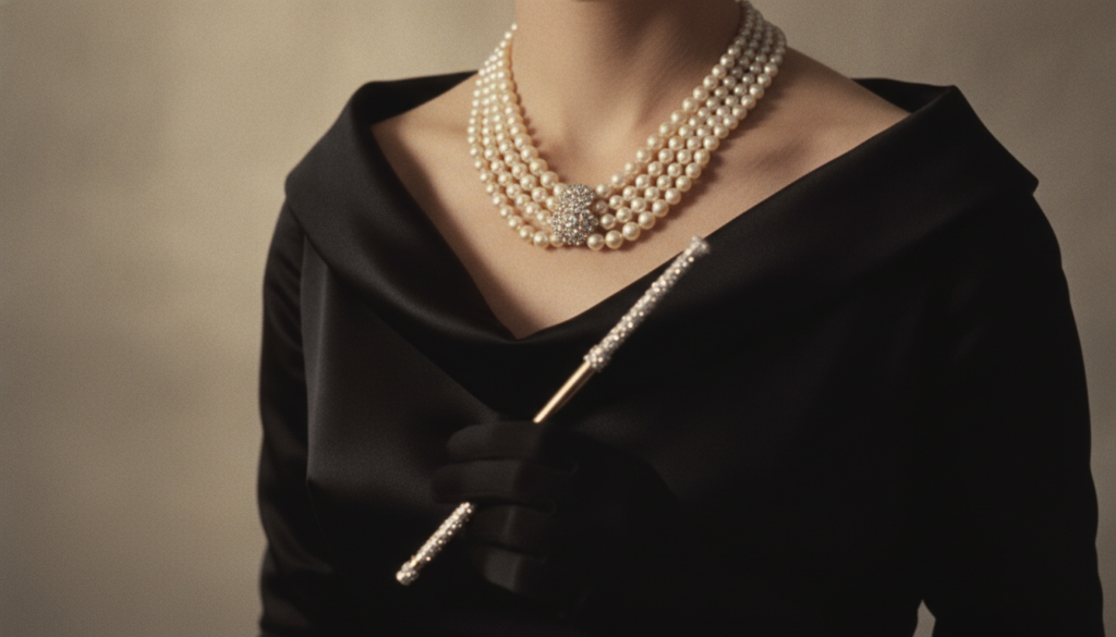 A luxurious 1960s vintage cropped square photograph showing a multi-strand glowing pearl necklace with a diamond centerp