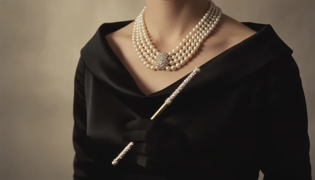 A luxurious 1960s vintage cropped square photograph showing a multi-strand glowing pearl necklace with a diamond centerp