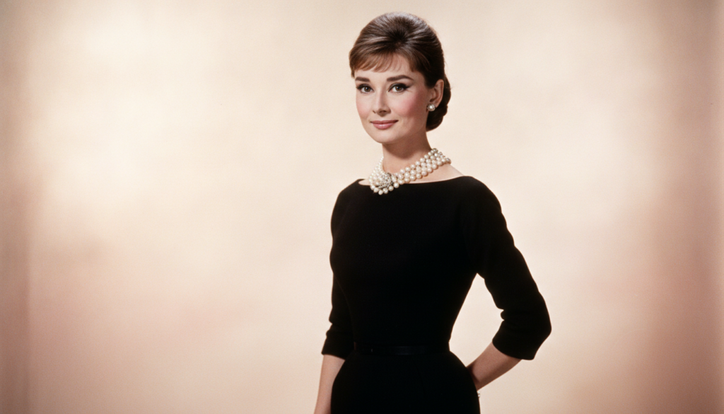 Audrey Hepburn in a classic pose wearing a little black dress and elegant accessories embodying her iconic style