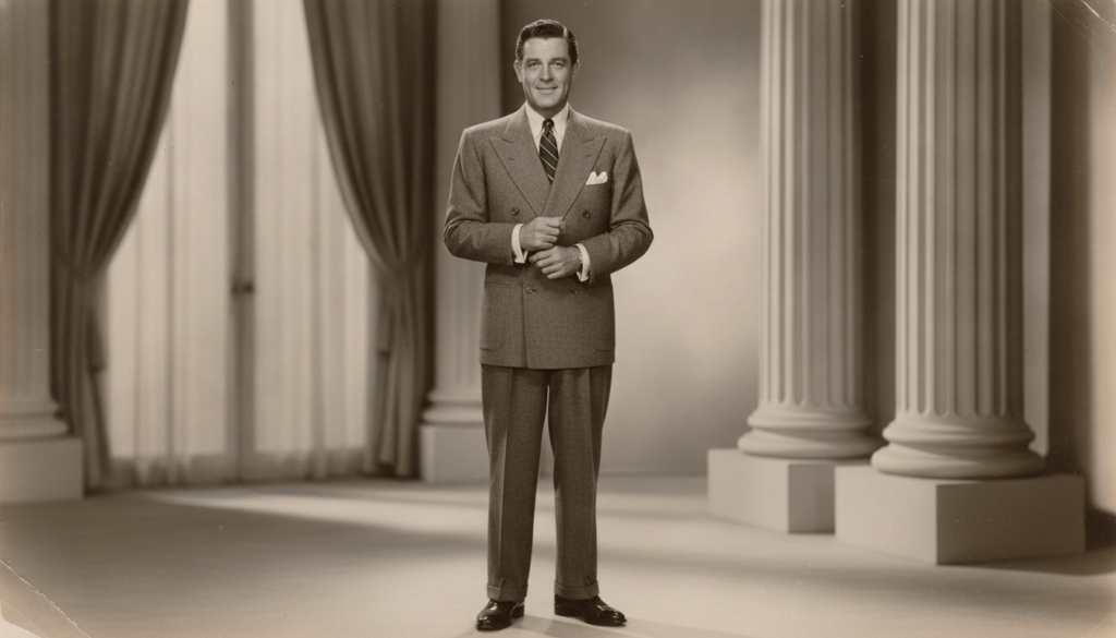 A real archival photo of Cary Grant from the 1940s showing his classic Hollywood style and sophisticated attire