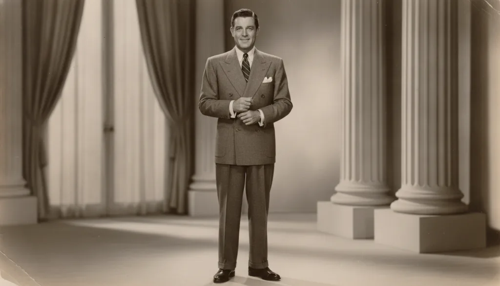 A real archival photo of Cary Grant from the 1940s showing his classic Hollywood style and sophisticated attire