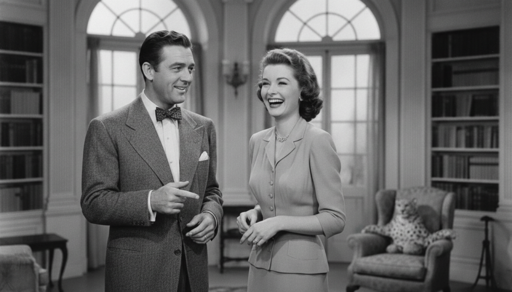 A real film still from a classic Cary Grant romantic comedy showing him in a witty or charming pose with a leading lady