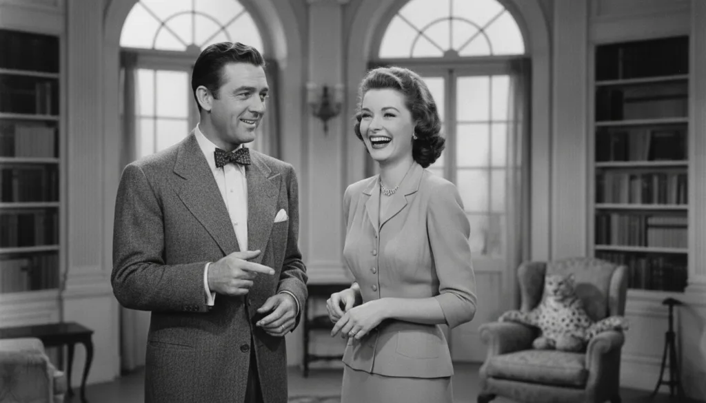 A real film still from a classic Cary Grant romantic comedy showing him in a witty or charming pose with a leading lady