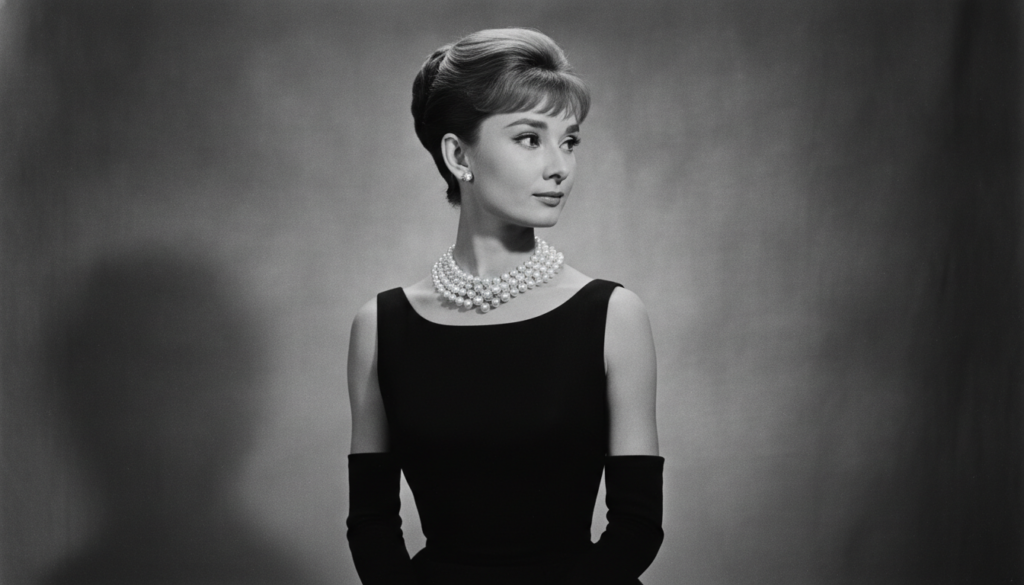 Audrey Hepburn in a classic pose wearing an elegant dress and pearls embodying her iconic style