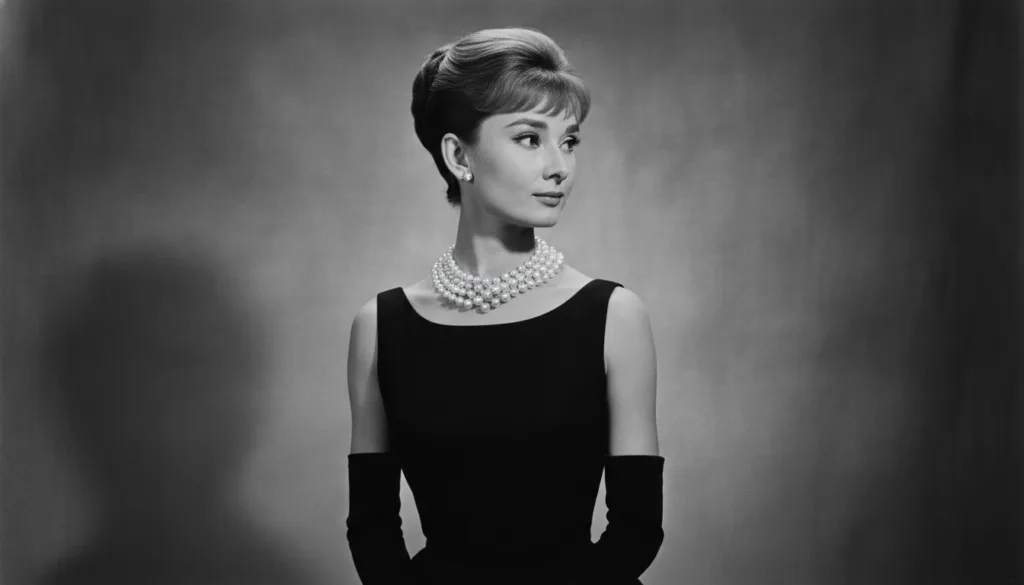 Audrey Hepburn in a classic pose wearing an elegant dress and pearls embodying her iconic style