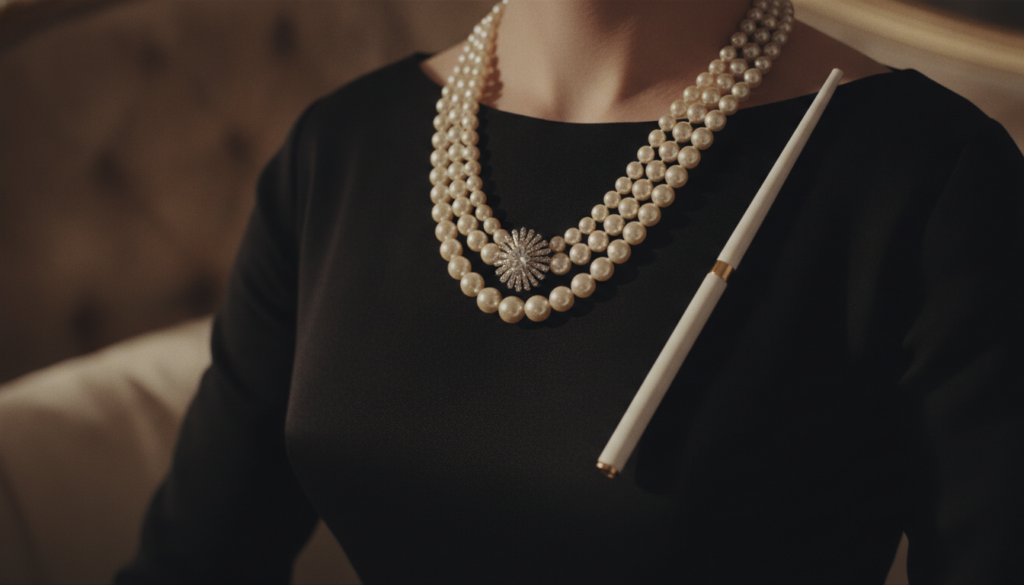 A close-up of a multi-strand pearl necklace and a vintage cigarette holder partially obscured with text overlay for a qu