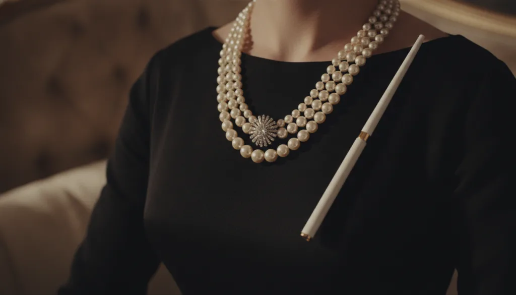 A close-up of a multi-strand pearl necklace and a vintage cigarette holder partially obscured with text overlay for a qu