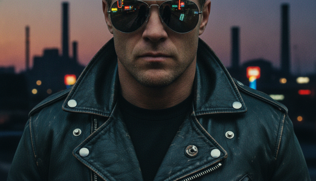A gritty 1980s cinematic cropped square shot featuring a heavy black leather motorcycle jacket collar silver zippers dar
