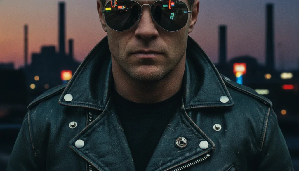 A gritty 1980s cinematic cropped square shot featuring a heavy black leather motorcycle jacket collar silver zippers dar